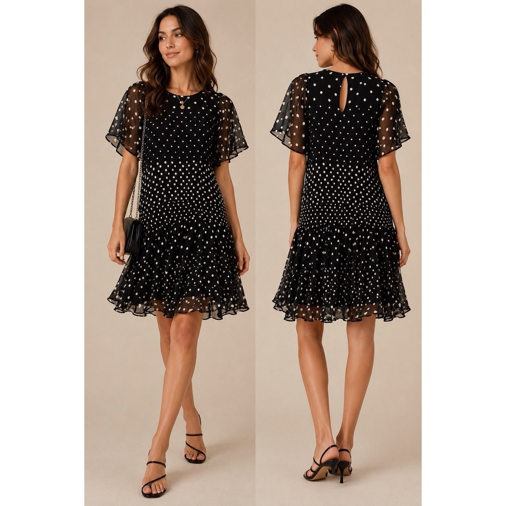 Banjanan Black & Ivory Polka‎ Dot Sheer Sleeve Mini Dress Size Small
